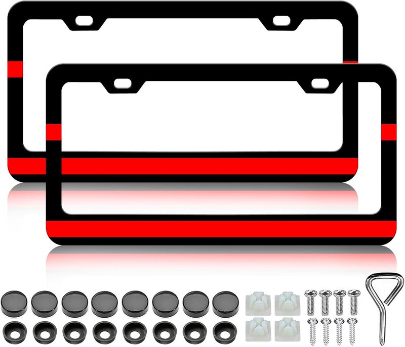 LIN KANG 2Pcs Thin Red Line License Plate Frames Firefighter License Plate Holder Universal Aluminum Metal Rust-Proof Waterproof Car Decorative Tag Frames for Standard US 12x6 Inch - Image 1